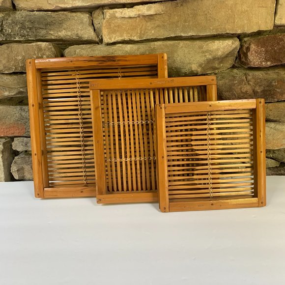 Vintage Other - VTG Bamboo Tea Tray Set of 3 Graduated Sizes Boho Accent Display Serving Nesting